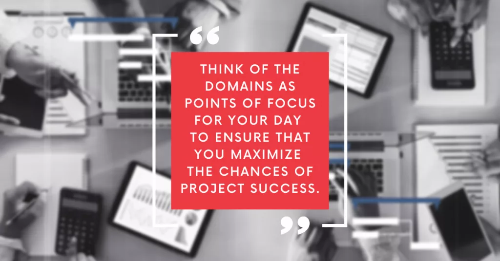 Quote: Think of the domains as points of focus for your day to ensure that you maximize the chances of project success. PMBOK's 8 Performance Domains from planning to delivery.