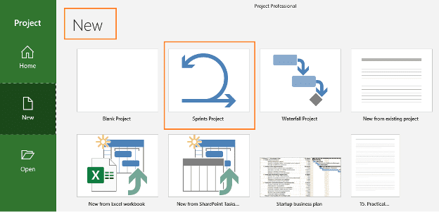 MS Project Agile templates with Sprints Project template highlighted