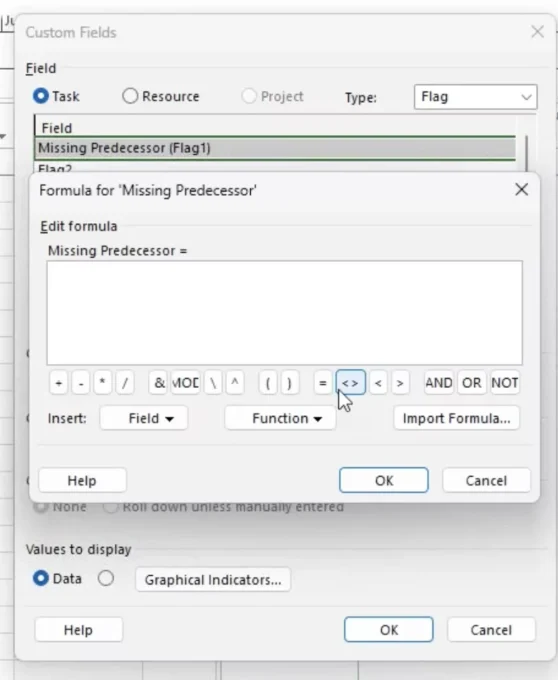 adding custom formula to identify missing predecessor in ms project