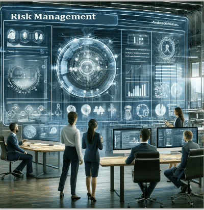 An AI-generated graphic of people in an office sitting at computer desks, collaborating on a large dashboard titled "Risk Management" with several graphs and figures.