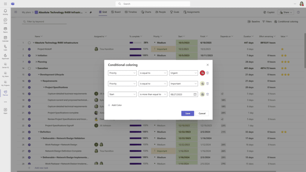 Figure 13 – Conditional Coloring in Microsoft Planner